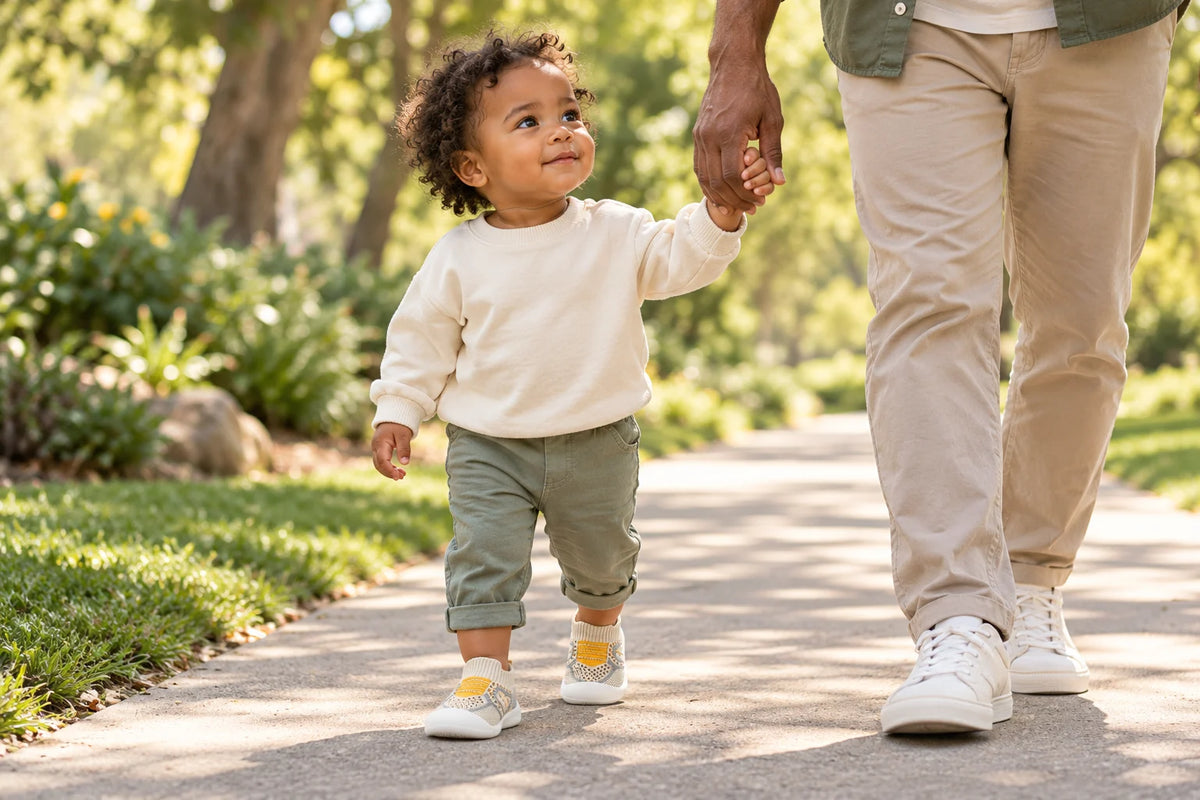 Illustrative scene of a toddler wearing Sunshine Stitch sock shoes on a walk with a parent