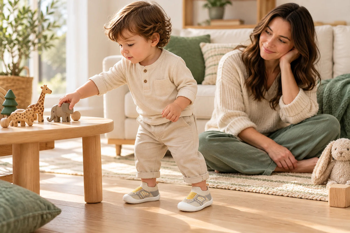 Illustrative scene of a toddler wearing Sunshine Stitch sock shoes during indoor play