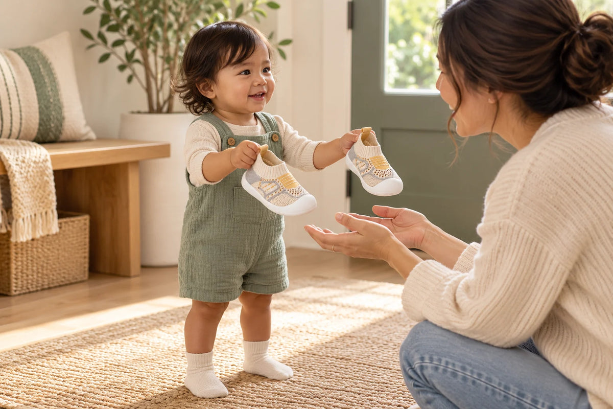Illustrative scene of a toddler bringing Sunshine Stitch sock shoes to a parent